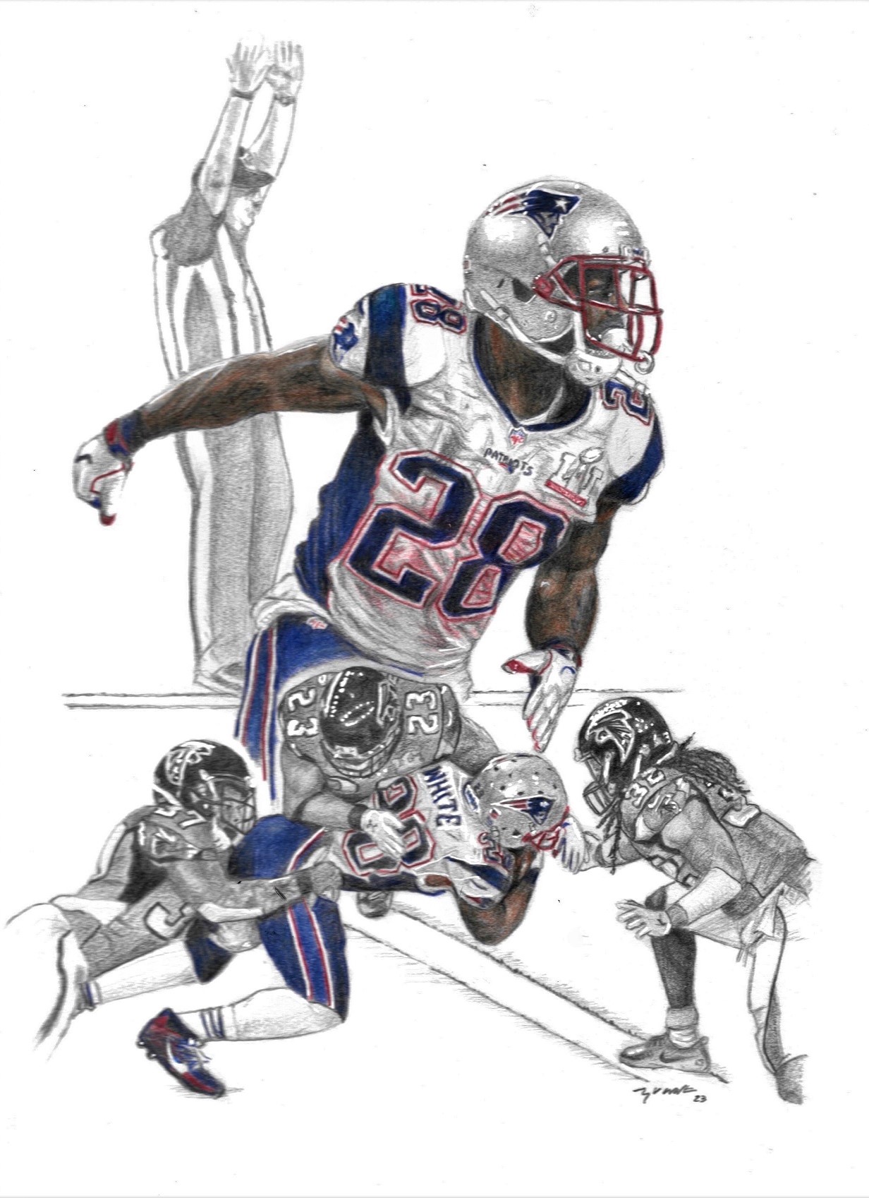 Sketch, Art, Portrait, New England Patriots, Running Back, James White, Super Bowl LI, Football